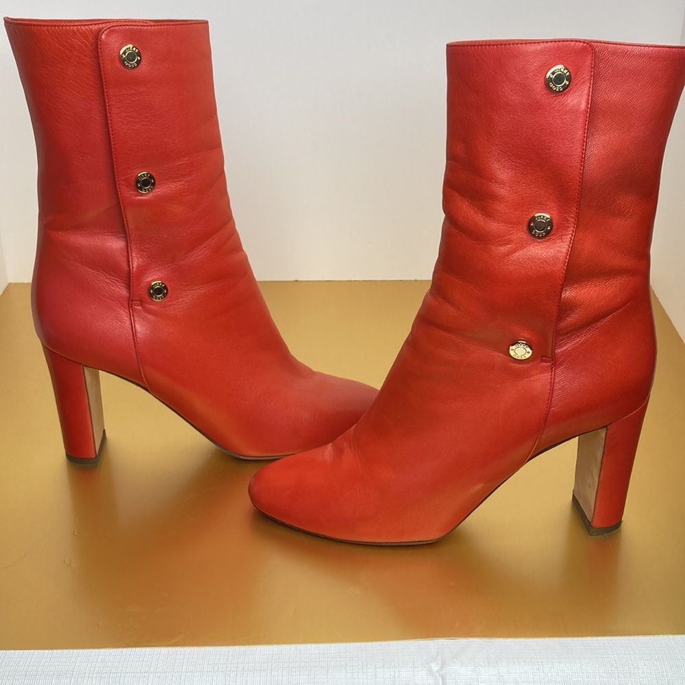 Jimmy Choo Boots Dayno Leather Mid Calf Vibrant Red Gold Button Closure Boots - Picture 1 of 16